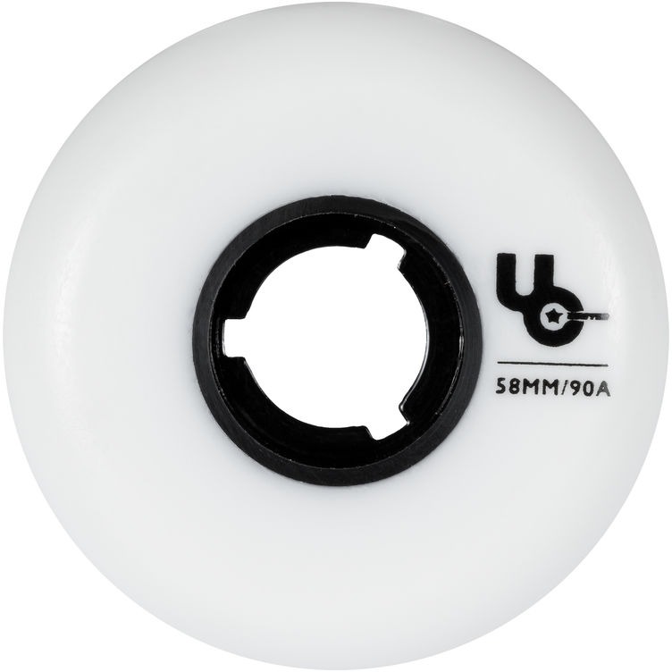 White UnderCover Blank Team inline skate wheel of 58mm with 90A durometer and flat radius in front view